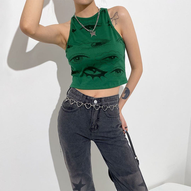 Fruit Green Eye Print Sleeveless Round Neck Vest - T-Shirts