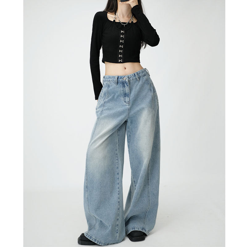 Loose Wide Leg Draping Mop Slimming High Waist Denim Trousers - Baggy