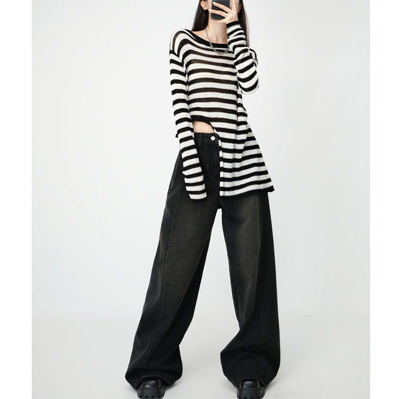 Loose Wide Leg Draping Mop Slimming High Waist Denim Trousers - Baggy