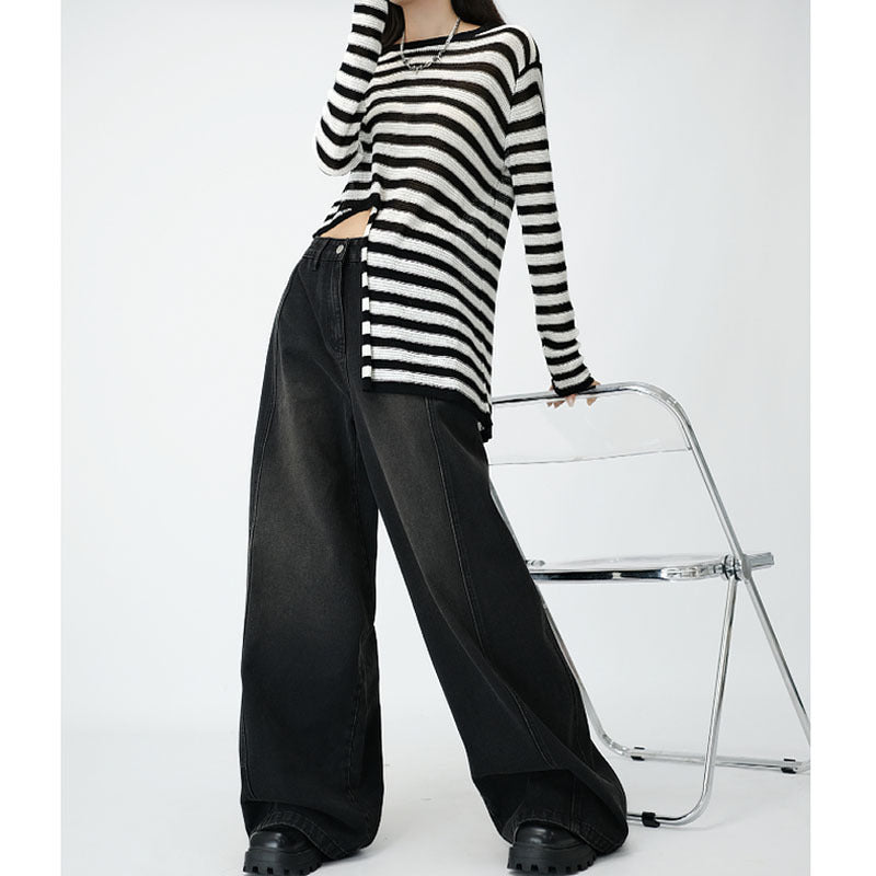 Loose Wide Leg Draping Mop Slimming High Waist Denim Trousers - Baggy