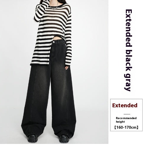Loose Wide Leg Draping Mop Slimming High Waist Denim Trousers - Black Gray Lengthened / L - Baggy