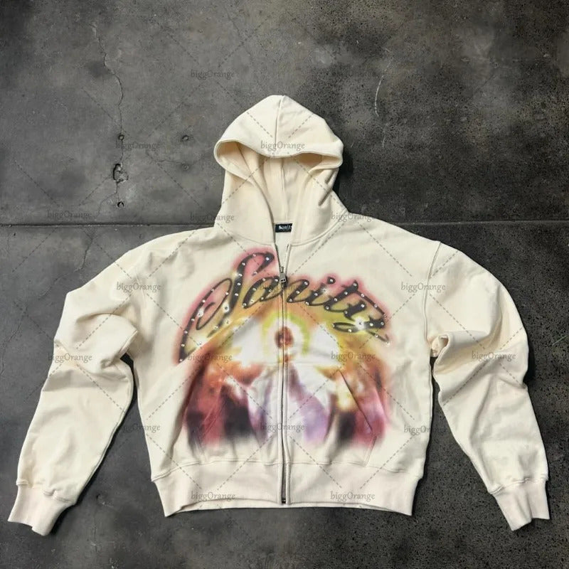 Street Hip-hop XINGX Printed Black Zipper Hooded Sweatshirt Women - Apricot Chinese Cotton Zipper / L - Baggy