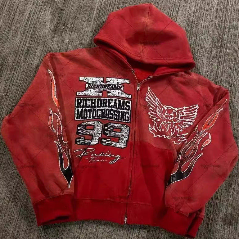 Street Hip-hop XINGX Printed Black Zipper Hooded Sweatshirt Women - Red / L - Baggy