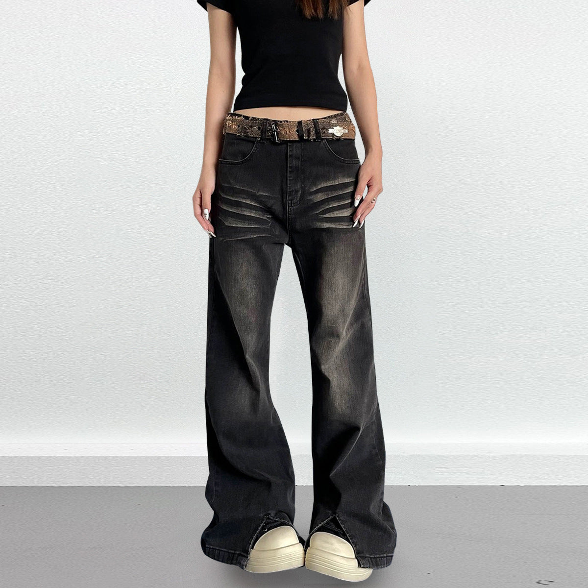 Washed Pleated Split Skinny Jeans - Baggy