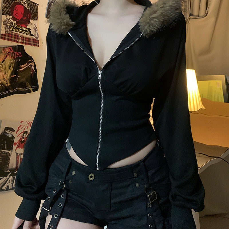 Women’s Cardigan Fur Collar Stitching Hooded Top - Baggy