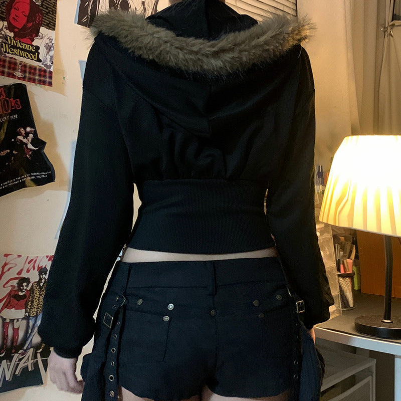 Women’s Cardigan Fur Collar Stitching Hooded Top - Baggy