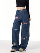 American Retro Stamp Printing Cargo Jeans - Baggy