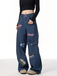 American Retro Stamp Printing Cargo Jeans - Baggy