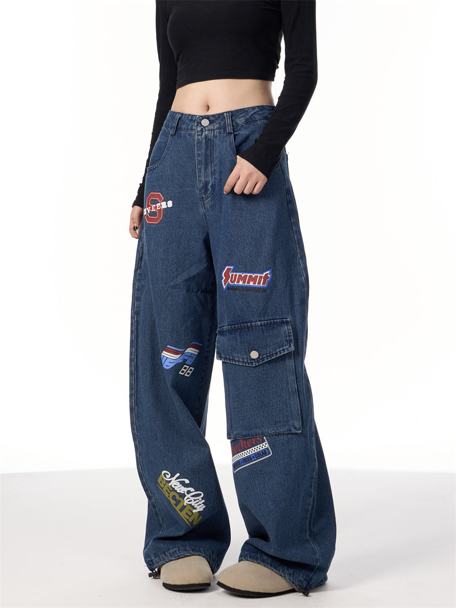 American Retro Stamp Printing Cargo Jeans - Baggy