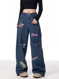 American Retro Stamp Printing Cargo Jeans - Baggy