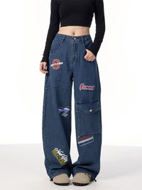 American Retro Stamp Printing Cargo Jeans - Blue / L - Baggy