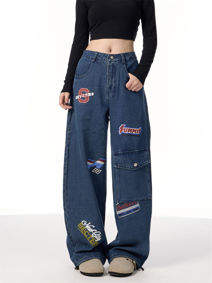American Retro Stamp Printing Cargo Jeans - Blue / L - Baggy