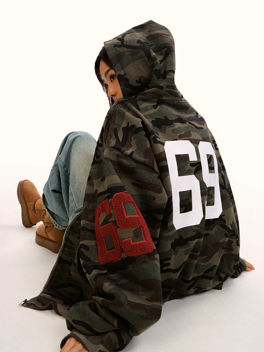 Fleece-lined Thickened Camouflage Cardigan Hoodie - Baggy