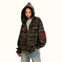 Fleece-lined Thickened Camouflage Cardigan Hoodie - Baggy