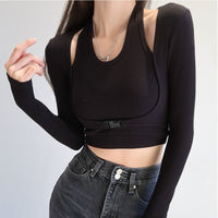 Halterneck Long-sleeved T-shirt - Black / L - T-Shirts