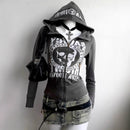Long-sleeve Zipper Skull Letter Print Sweatshirt - Baggy