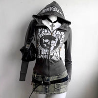 Long-sleeve Zipper Skull Letter Print Sweatshirt - Baggy