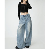 Loose Wide Leg Draping Mop Slimming High Waist Denim Trousers - Baggy