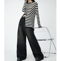 Loose Wide Leg Draping Mop Slimming High Waist Denim Trousers - Baggy