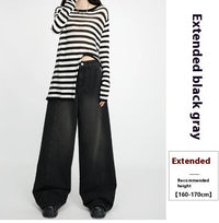 Loose Wide Leg Draping Mop Slimming High Waist Denim Trousers - Black Gray Lengthened / L - Baggy