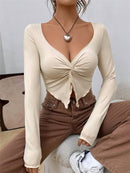 Slim-fit Front Twist Irregular Long Sleeve T-shirt For Women - Apricot / L - Baggy