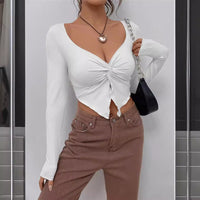 Slim-fit Front Twist Irregular Long Sleeve T-shirt For Women - Baggy
