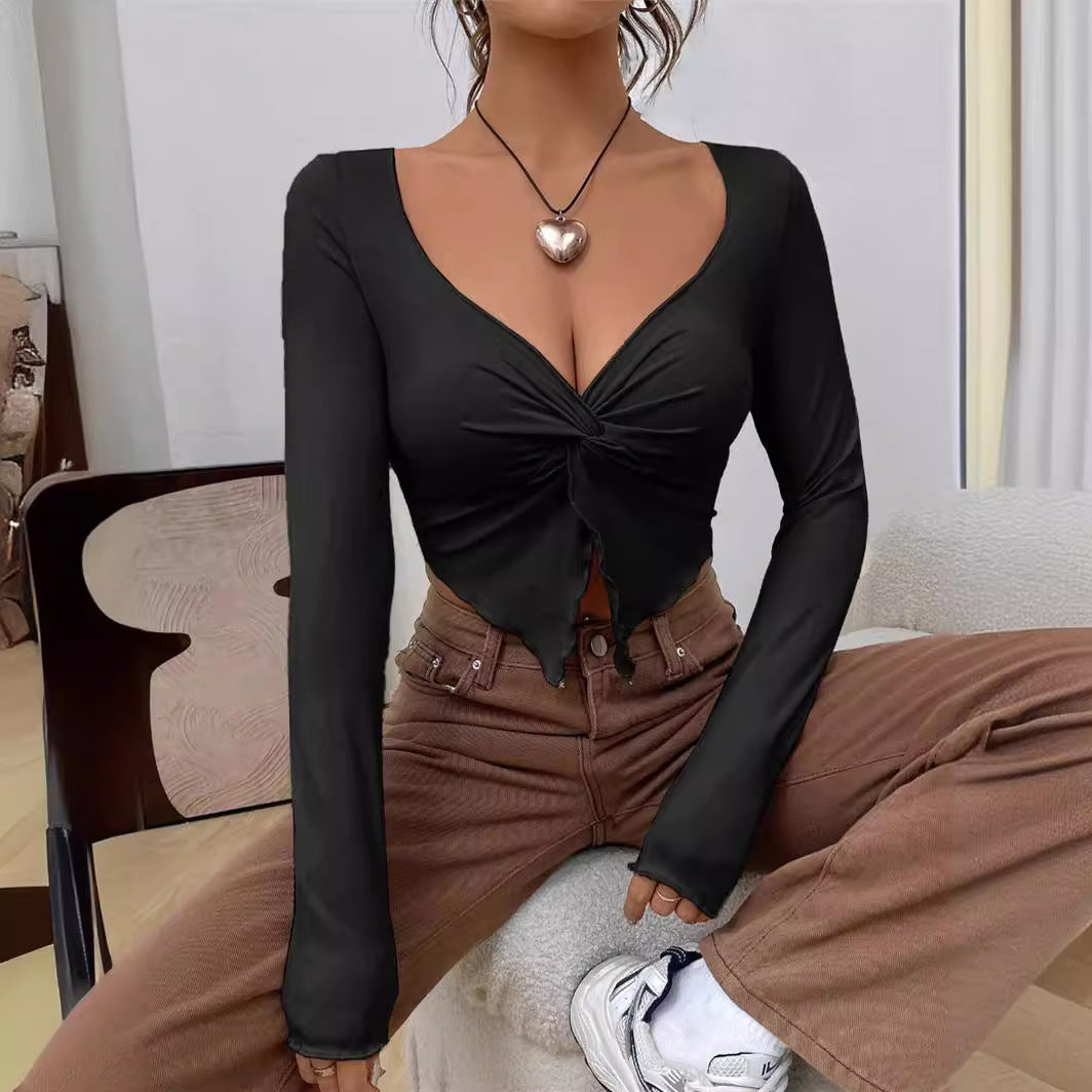 Slim-fit Front Twist Irregular Long Sleeve T-shirt For Women - Baggy