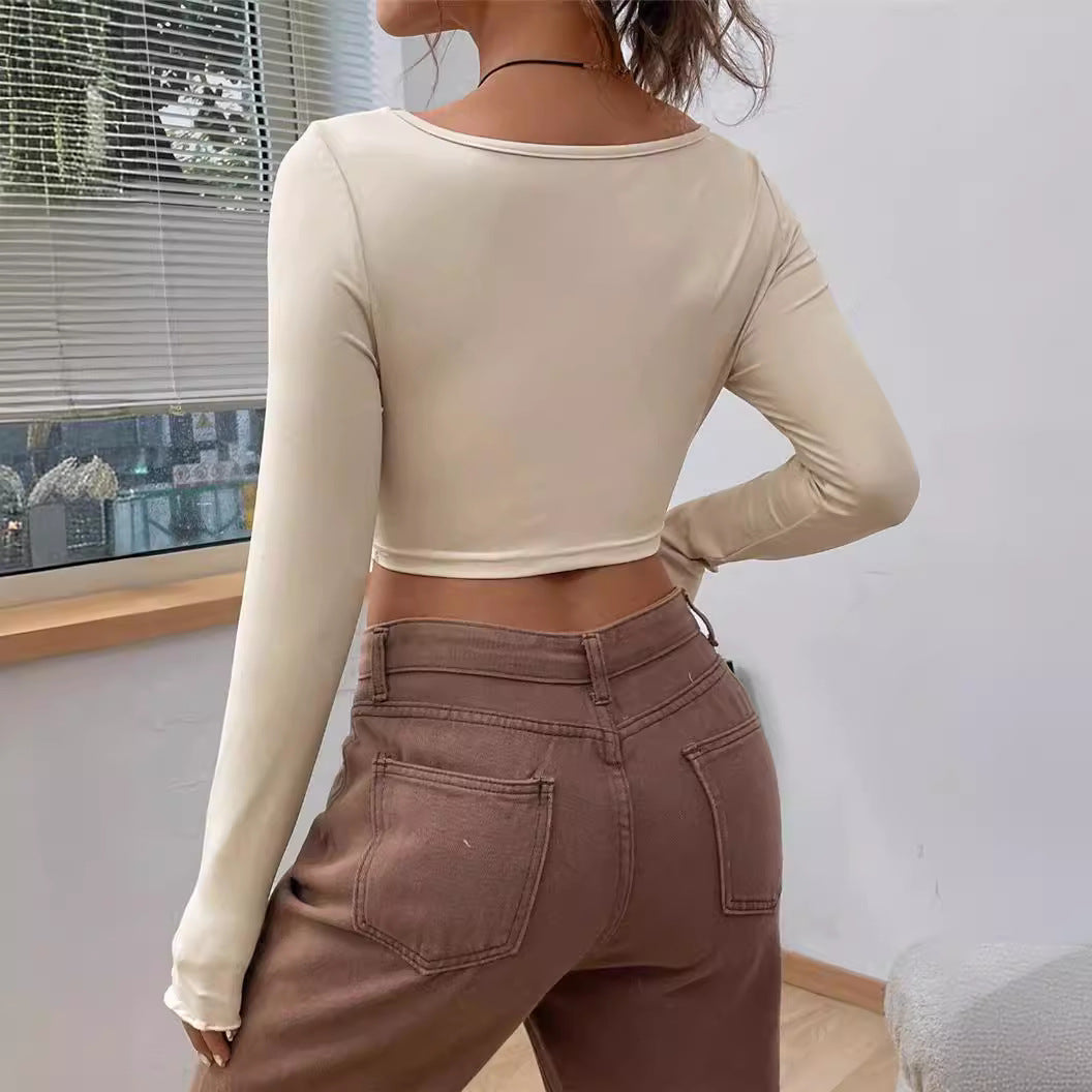 Slim-fit Front Twist Irregular Long Sleeve T-shirt For Women - Baggy
