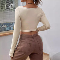 Slim-fit Front Twist Irregular Long Sleeve T-shirt For Women - Baggy