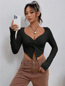 Slim-fit Front Twist Irregular Long Sleeve T-shirt For Women - Black / L - Baggy