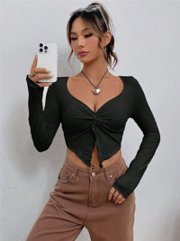 Slim-fit Front Twist Irregular Long Sleeve T-shirt For Women - Black / L - Baggy
