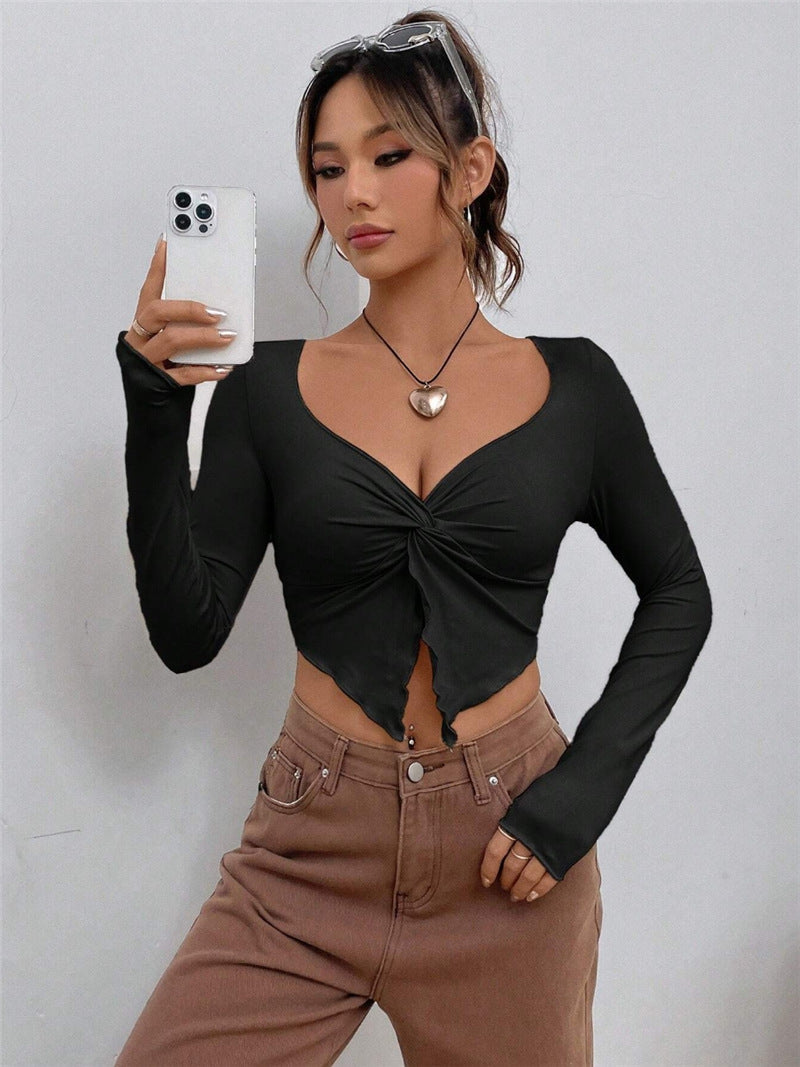 Slim-fit Front Twist Irregular Long Sleeve T-shirt For Women - Black / L - Baggy