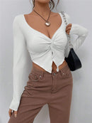 Slim-fit Front Twist Irregular Long Sleeve T-shirt For Women - White / L - Baggy
