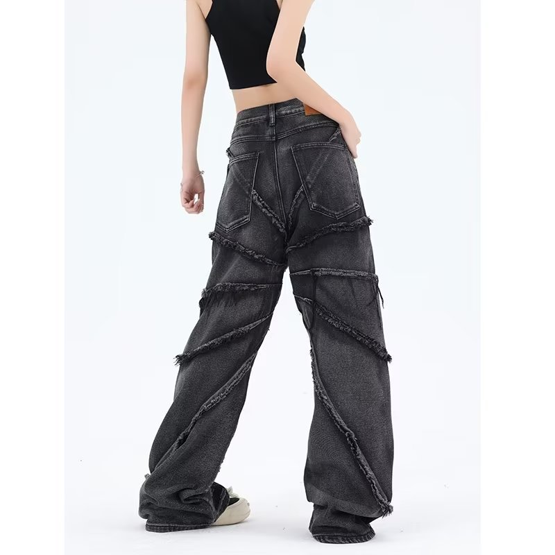 Stitching Damage Raw Hem Jeans Loose Wide Leg