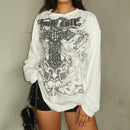 Street Round Neck Loose Long Sleeves Top - White / L - Baggy