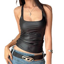 Street Style Leather Vest Elastic Coating Sleeveless Square Collar - T-Shirts