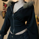 Women’s Cardigan Fur Collar Stitching Hooded Top - Baggy