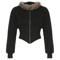 Women’s Cardigan Fur Collar Stitching Hooded Top - Baggy
