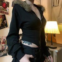 Women’s Cardigan Fur Collar Stitching Hooded Top - Baggy