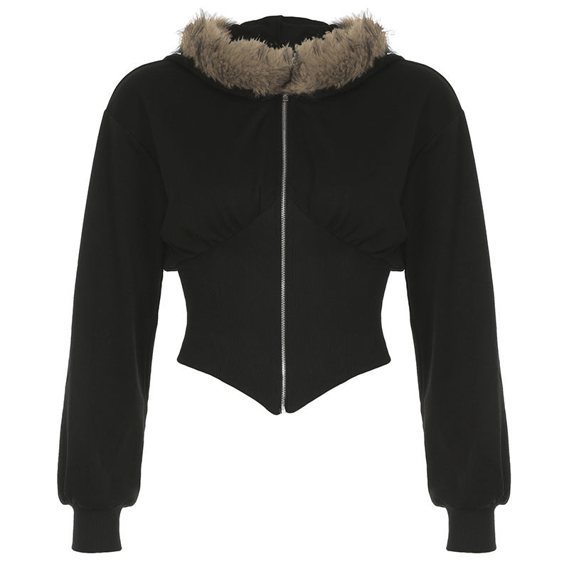 Women’s Cardigan Fur Collar Stitching Hooded Top - Black / L - Baggy